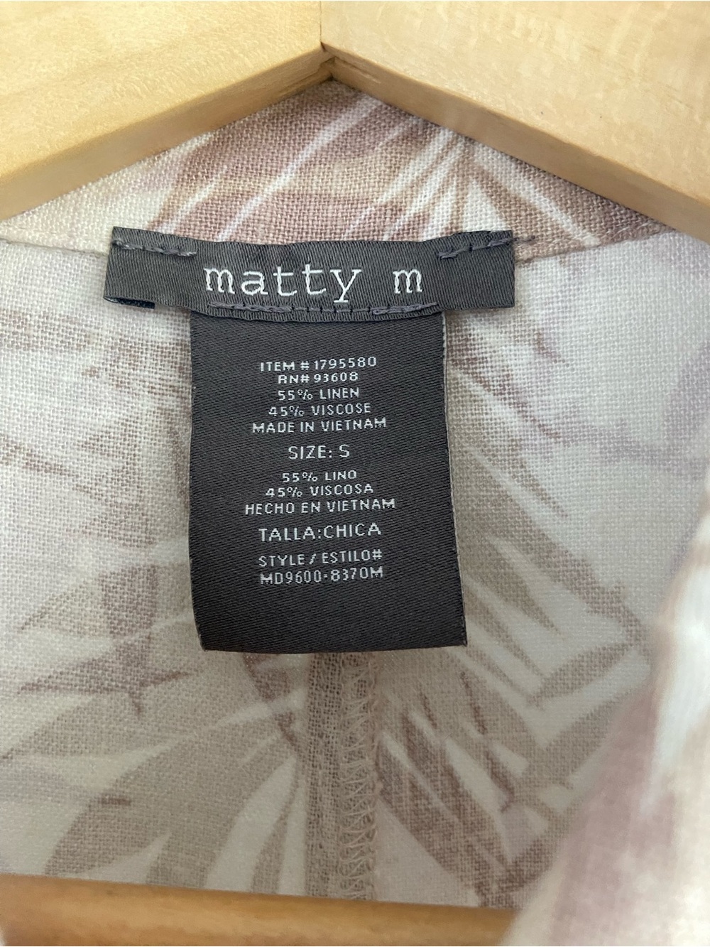 Linen Blend Romper Small Neutral Palm Print Tie Waist Pockets | Matty M - Picture 5 of 8